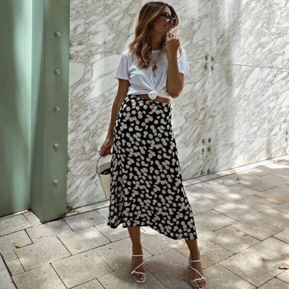 REFORMATION Bea Daisy Daisies Midi Skirt Black 8